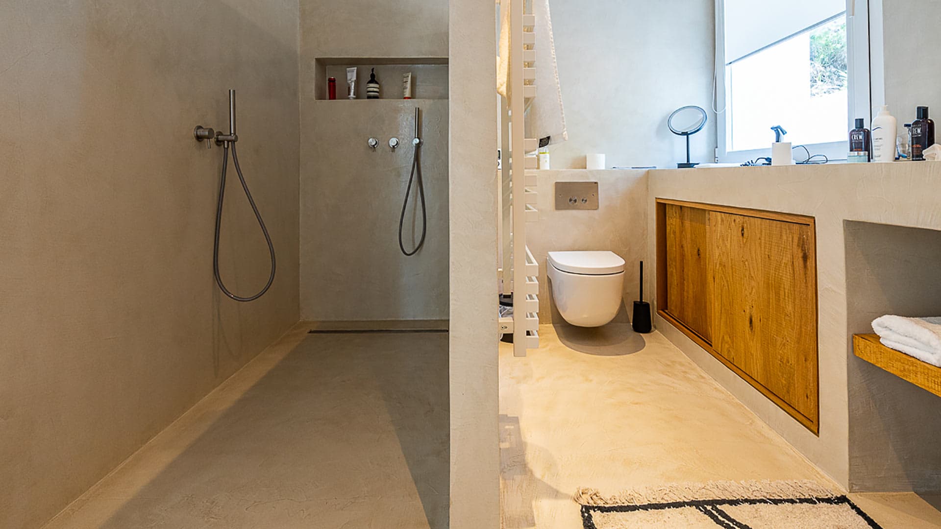 The shower area of the warm toned bathroom in Villa Orizonia in Ibiza