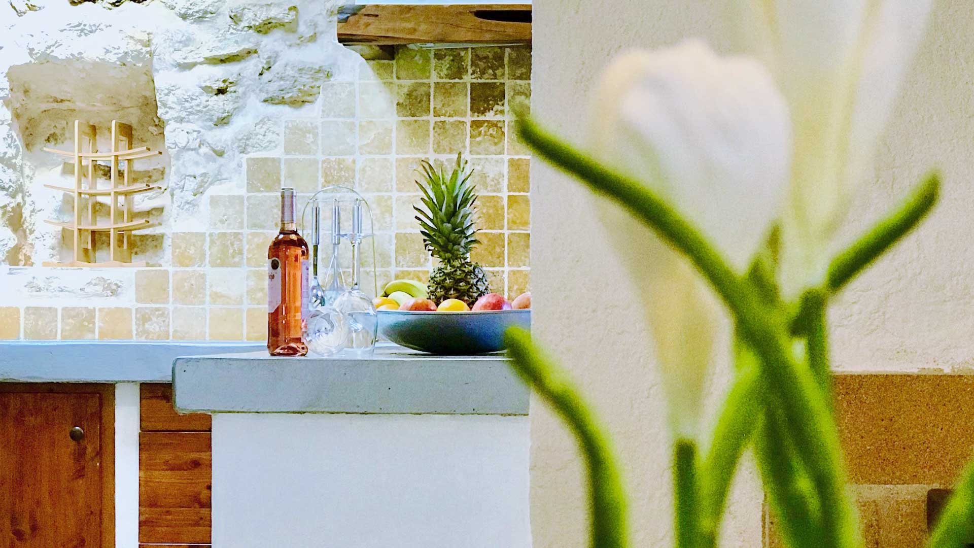 A flower in the foreground of the kitchen with a bottle of rose chilling on the counter at Villa Payesa in Ibiza