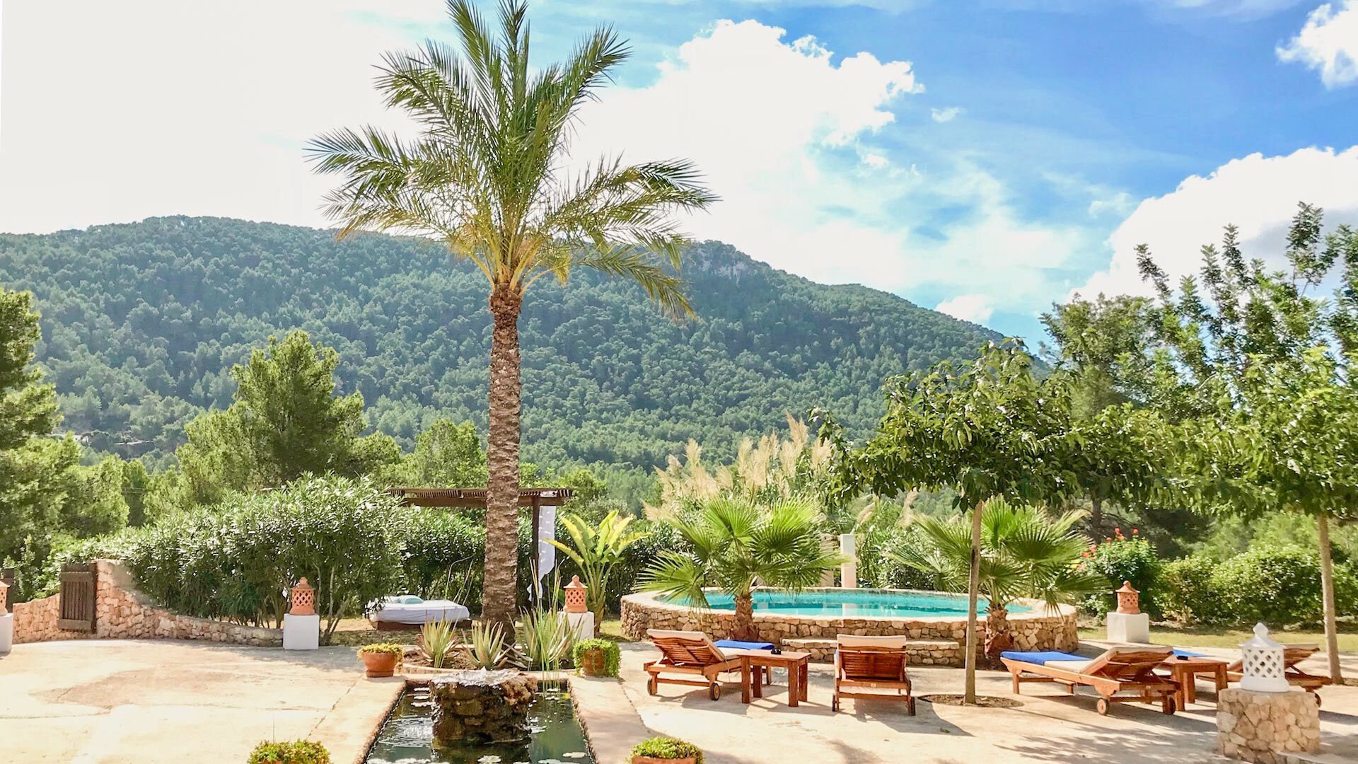 Around the pool at Villa Payesa with water features, and tall palm trees in among the hills of Ibiza