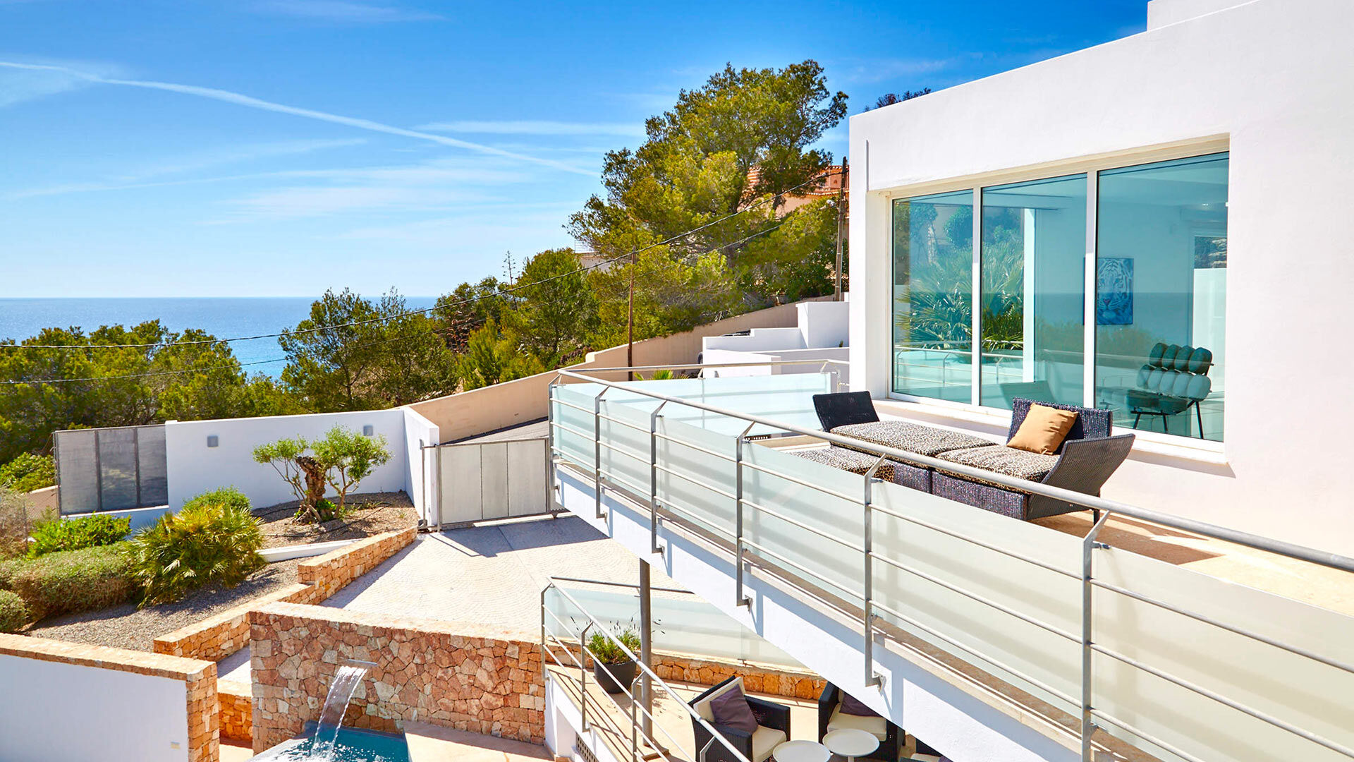 The beautiful balconies of Villa White Beach in Ibiza ideal for soaking up the sun