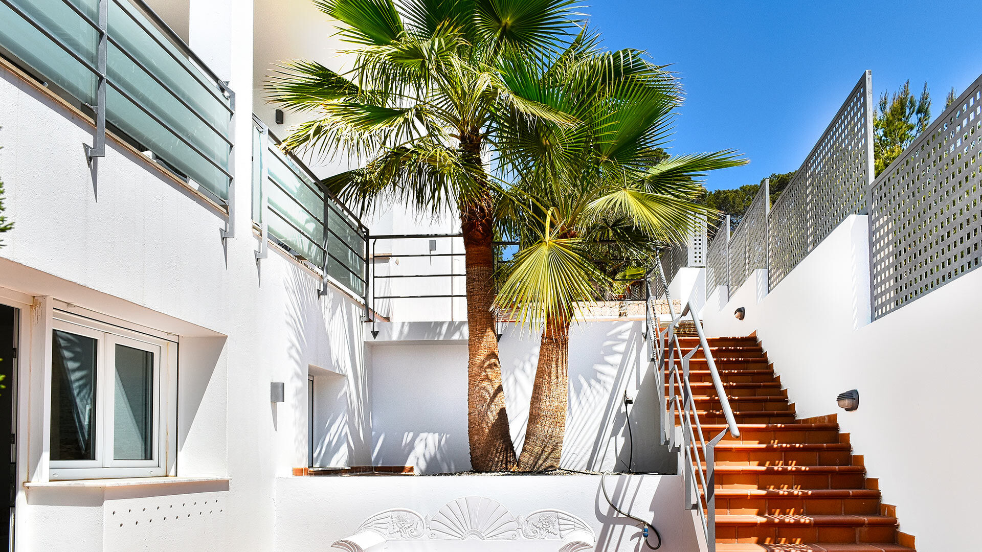 Palm trees at the exterior stairs at Villa White Beach in Ibiza