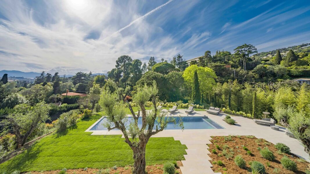 Well manicured gardens in Villa Fanny with bold green plants, trees and grass surounding the pool