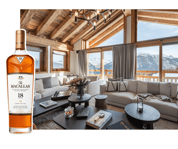 Living area in Chalet Bruxellois overlooking the mountains with MaCallan Sherry Oak 18 Whisky overlaid on top