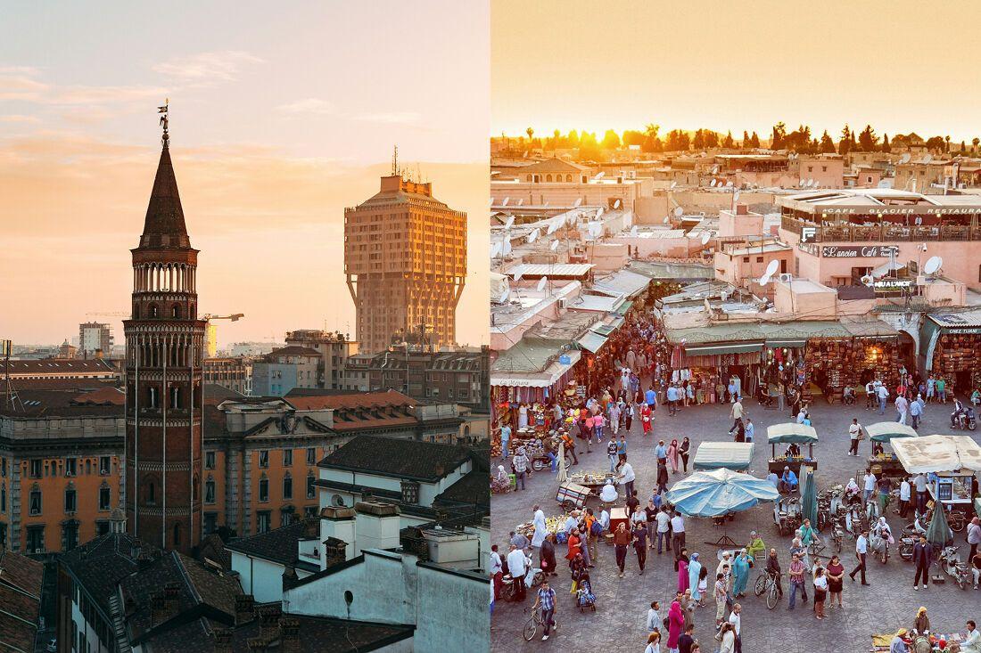 Aerial view of Milan and Marrakech