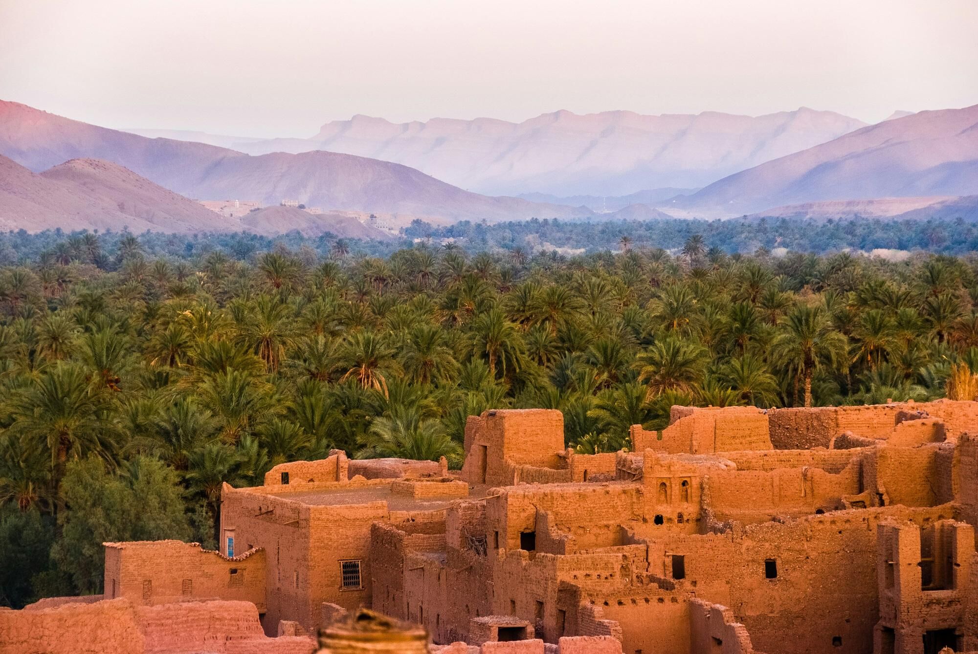 A view of Moroccan homes, the forest and Atlas Mountains in the background