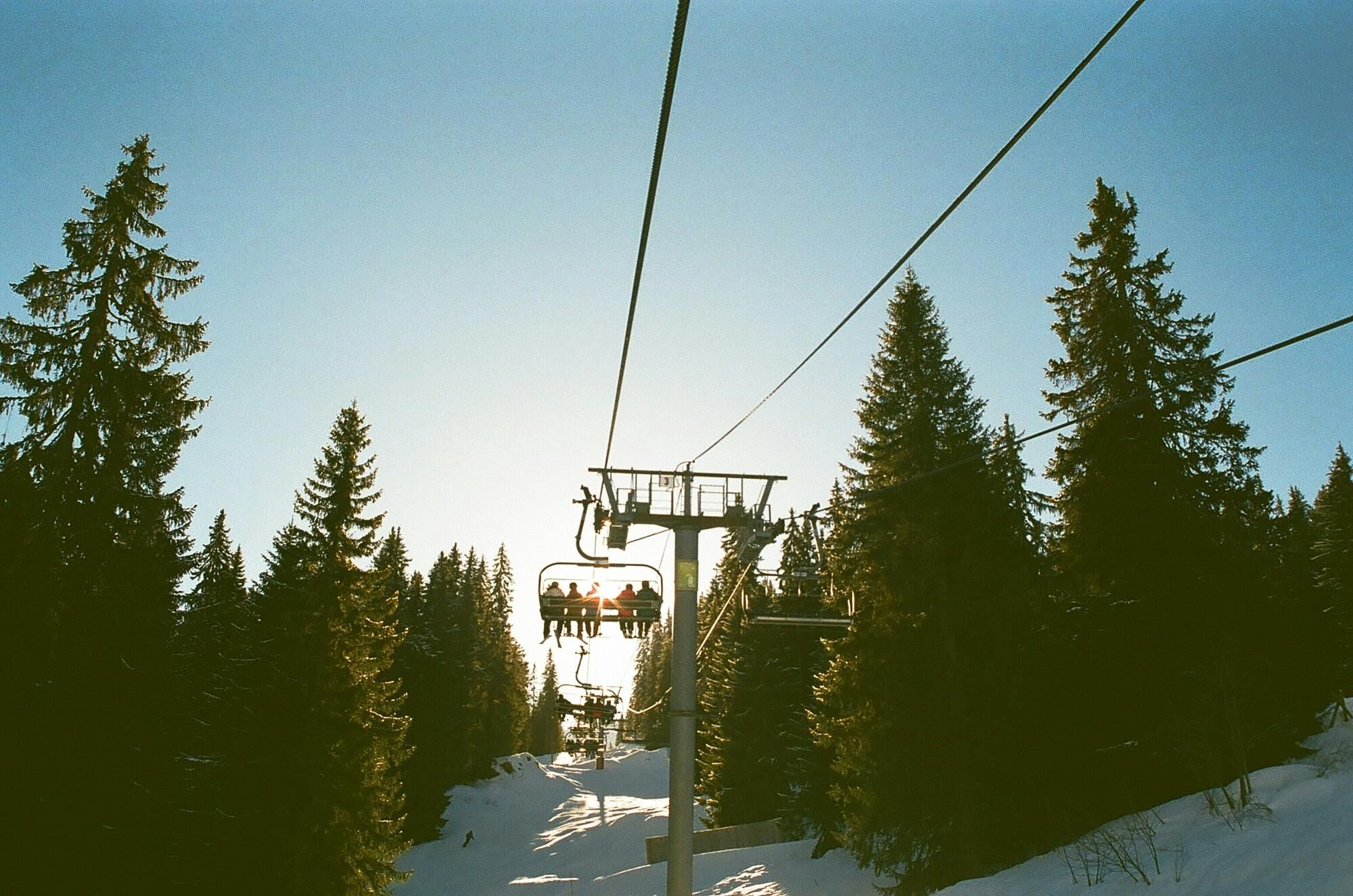 Chair lifts in Morzine taking people to the peak of a mountain surrounded by trees and snow