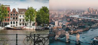 Aerial views of Amsterdam and London from a private jet