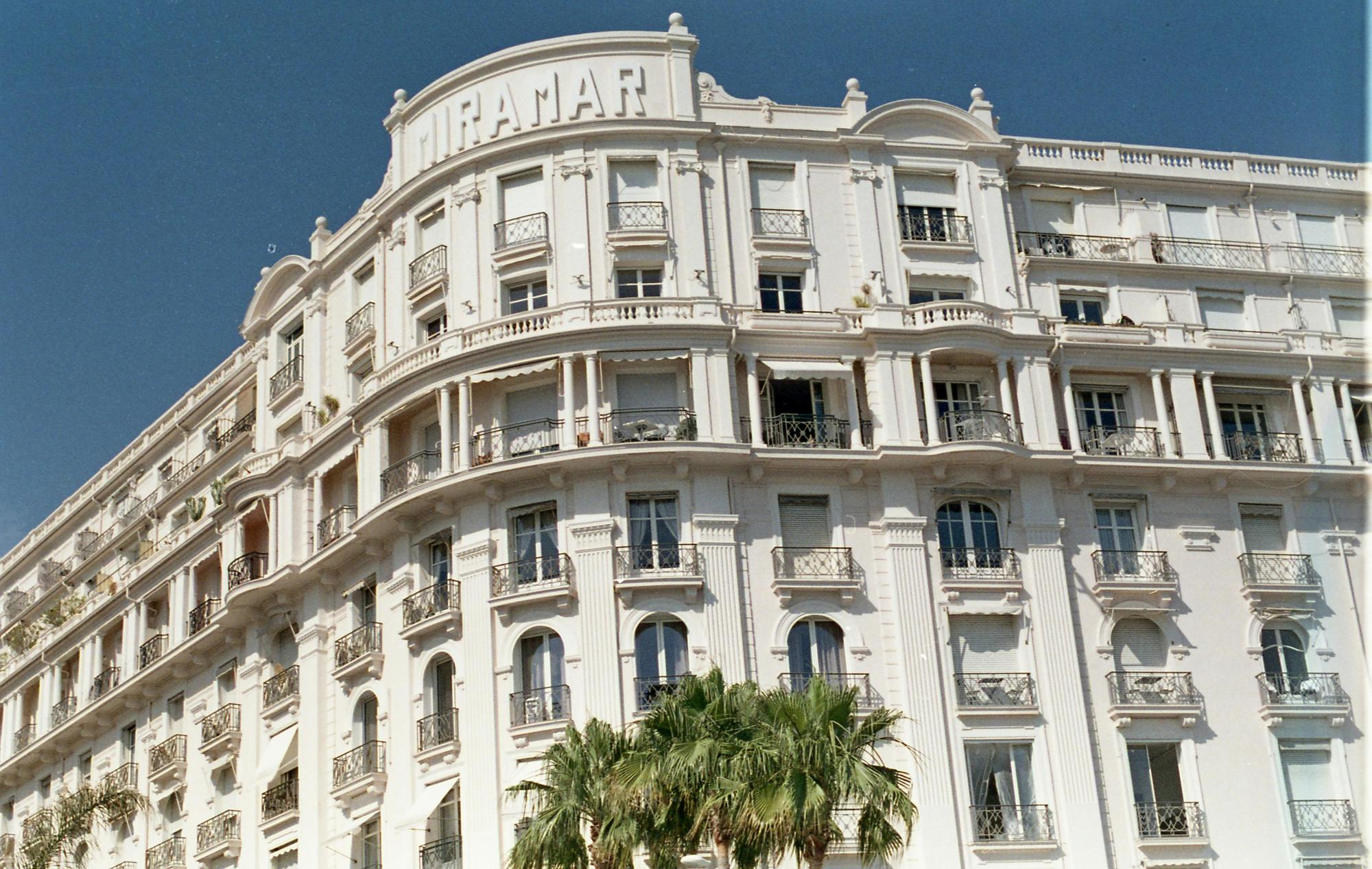 Exterior shot of hotel in Cannes with a palm tree in foreground