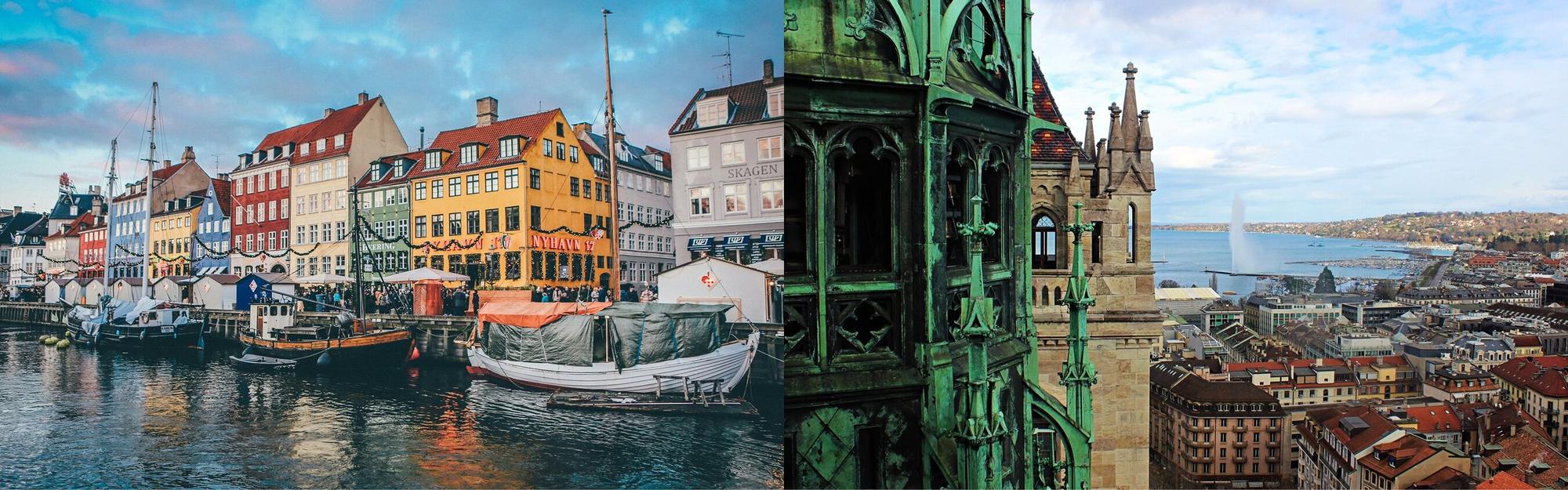 Aerial view of Copenhagen and Geneva from a private jet charter