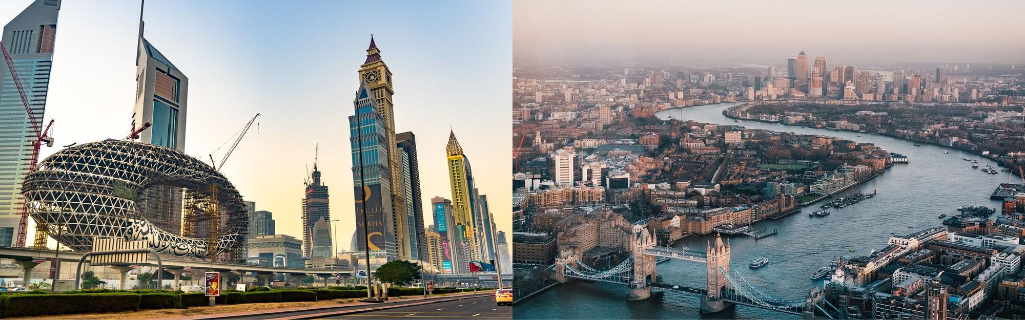 Aerial view of Dubai and London