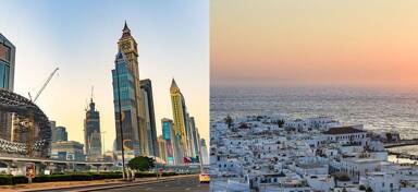 Aerial view of Dubai and Mykonos from private jet charter flight