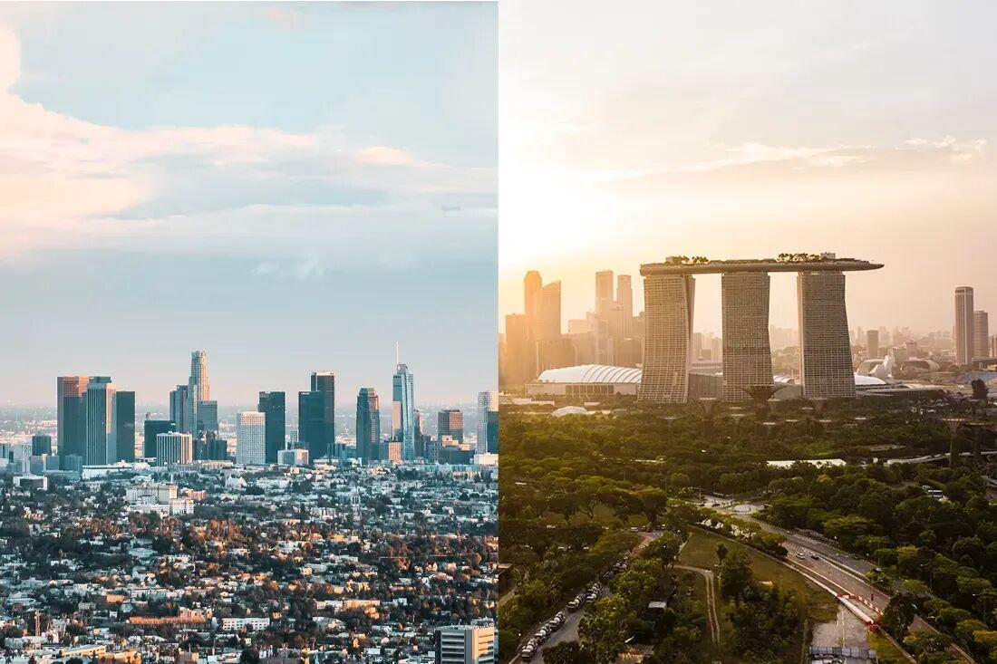 Aerial view of Los Angeles and Singapore from private jet charter