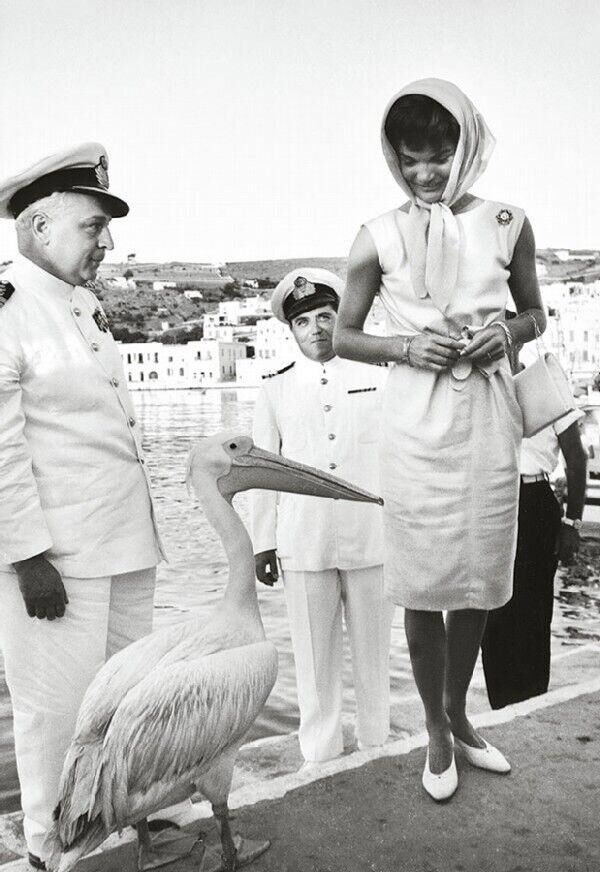 Jackie Kennedy meeting Petros the Pelican in Mykonos