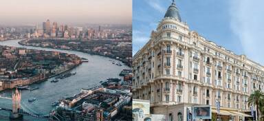 Aerial shot of London and image of the iconic Carlton Cannes