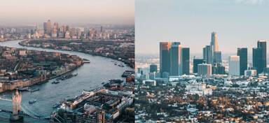 Aerial view of London and Los Angeles