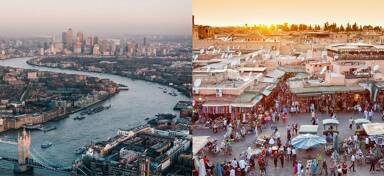 Aerial view of London and Marrakech