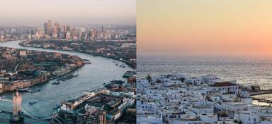 Aerial views of London and Mykonos