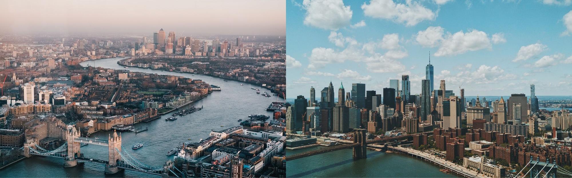 Aerial views of London to New York City from private jet