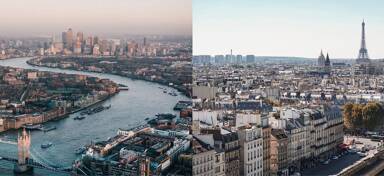 Aerial view of London, UK and Paris, France with the Eiffel Tower