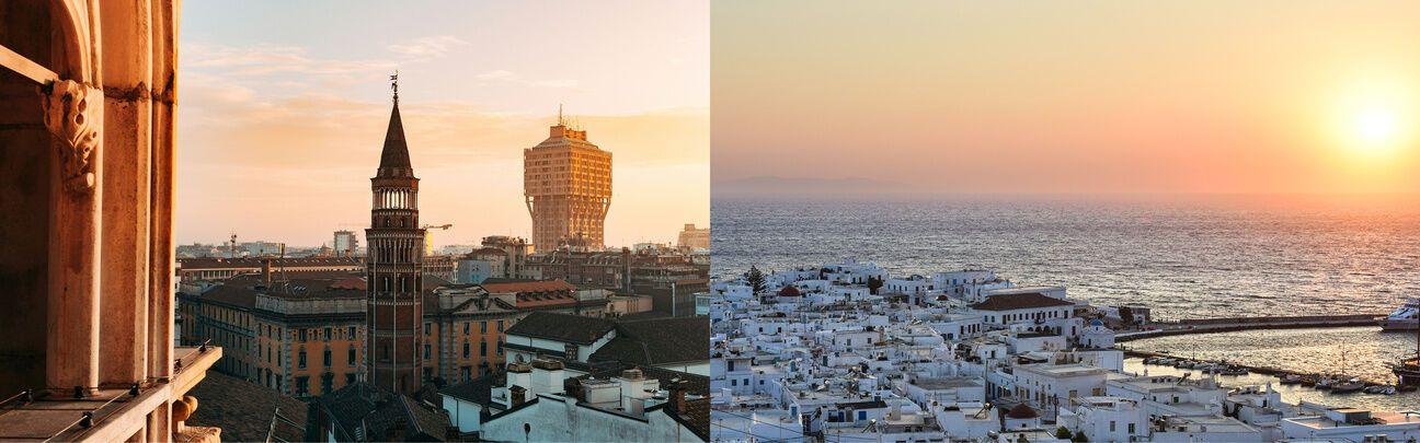 Aerial views of Milan and Mykonos from a private jet charter