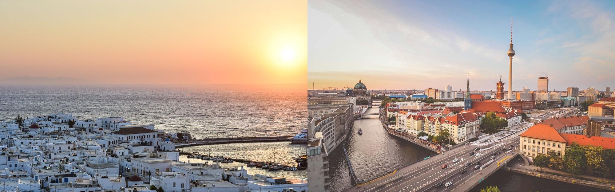 Aerial view of Mykonos and Berlin from a private jet charter