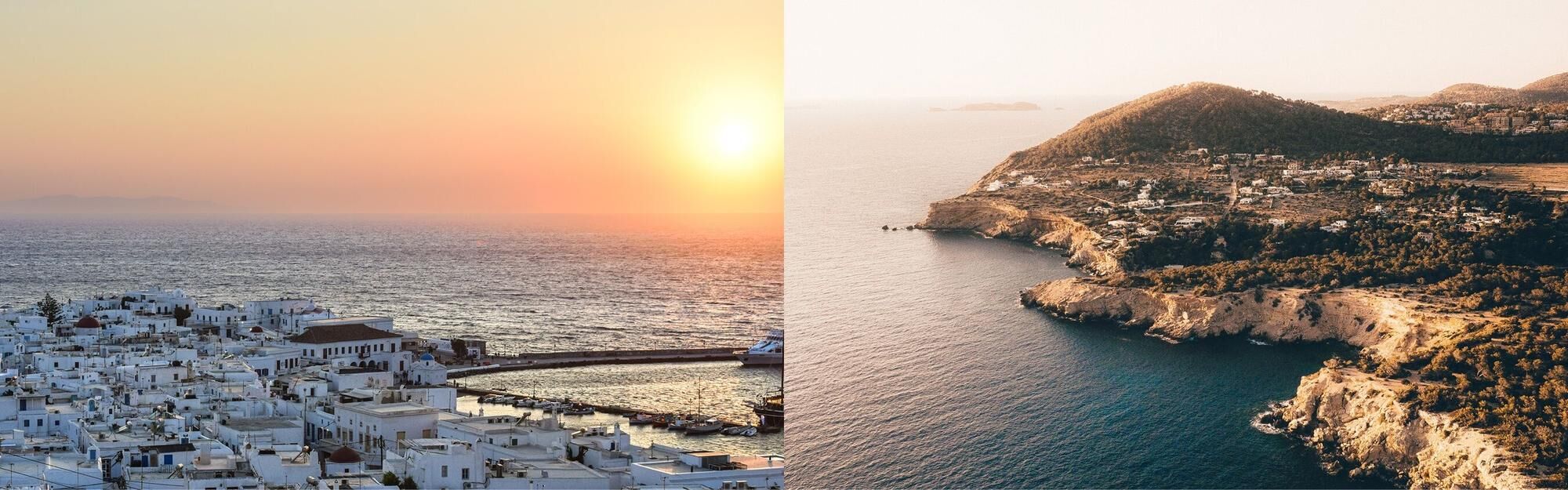 Aerial view of Mykonos and Ibiza from private jet charter flight