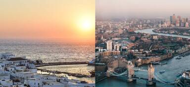Aerial photos of Mykonos merging in London