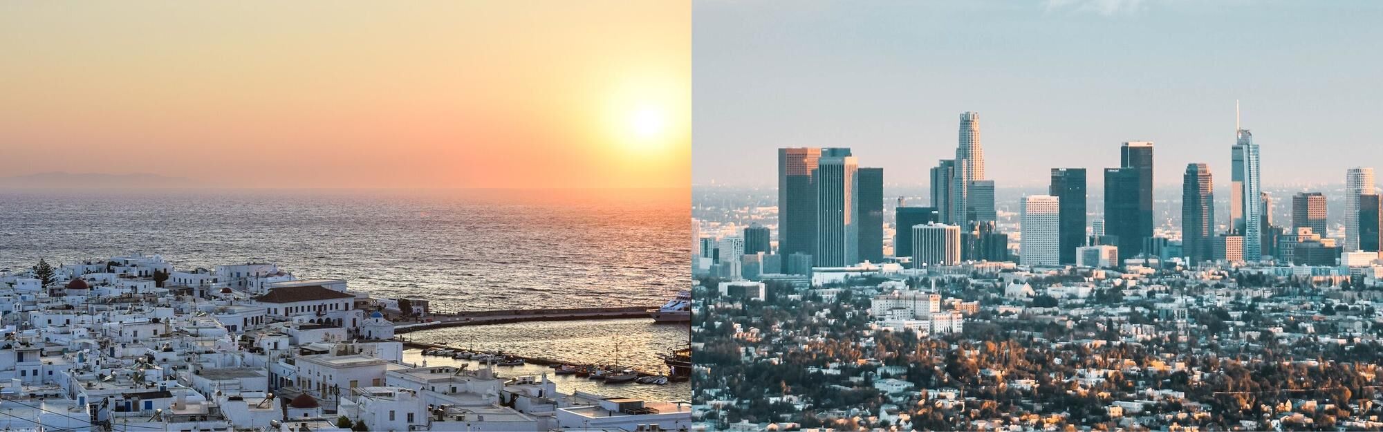 Aerial view of Mykonos and Los Angeles from a private jet charter flight