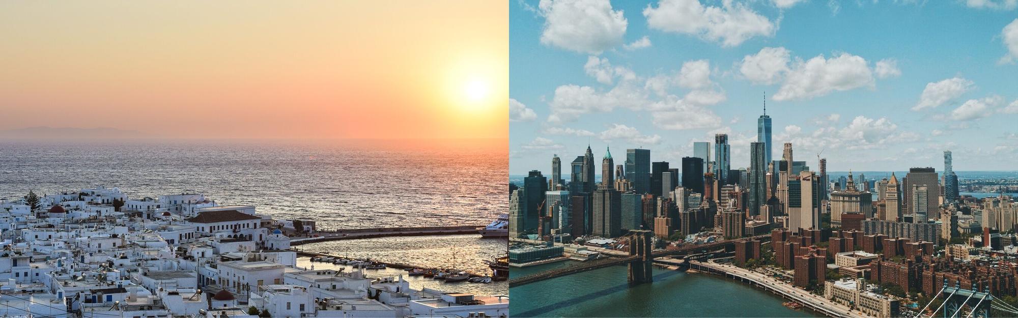 Aerial view of Mykonos and New York City inside a Bluemoon private jet charter