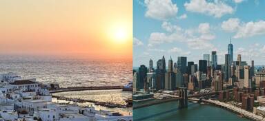 Aerial view of Mykonos and New York City inside a Bluemoon private jet charter