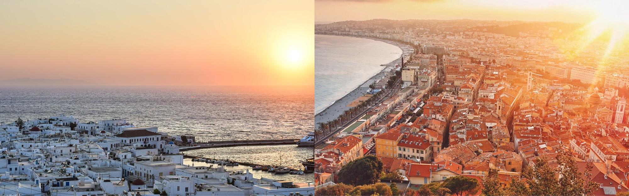 Aerial view of Mykonos and Nice from private jet charter