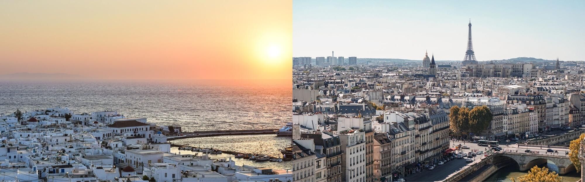 Private jet charter flight view of Mykonos and Paris