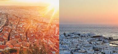 Aerial shots of Nice and Mykonos with the sun setting
