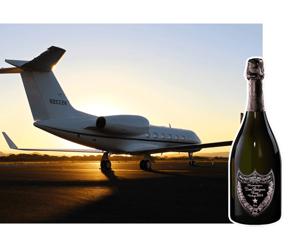 Private jet charter about to take off to Paris with a bottle of Dom Perignon Rose overlaid