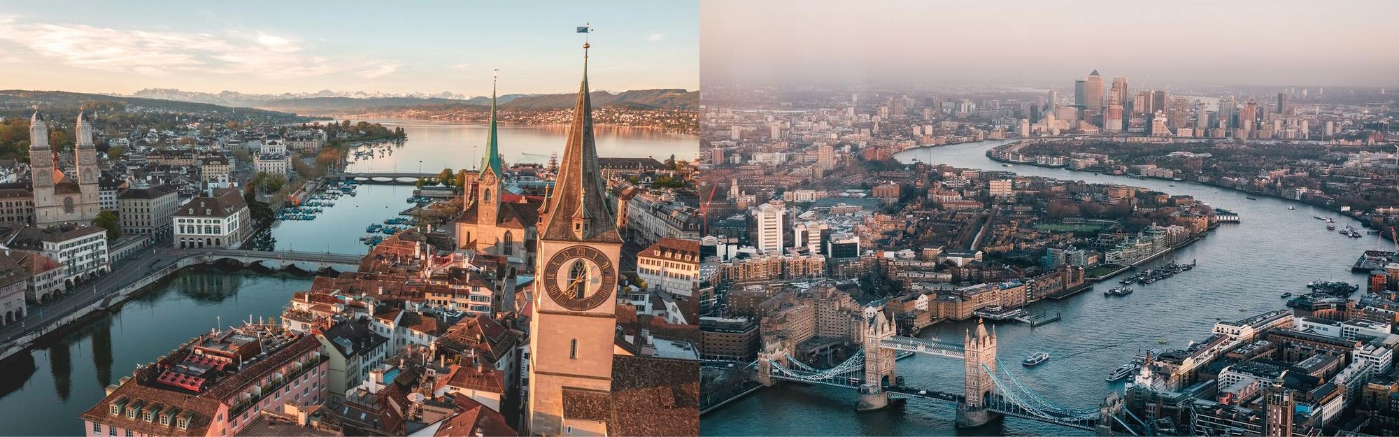 Aerial view of Zurich and London