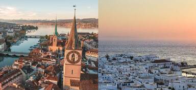 Aerial view of Zurich and Mykonos from a private jet charter