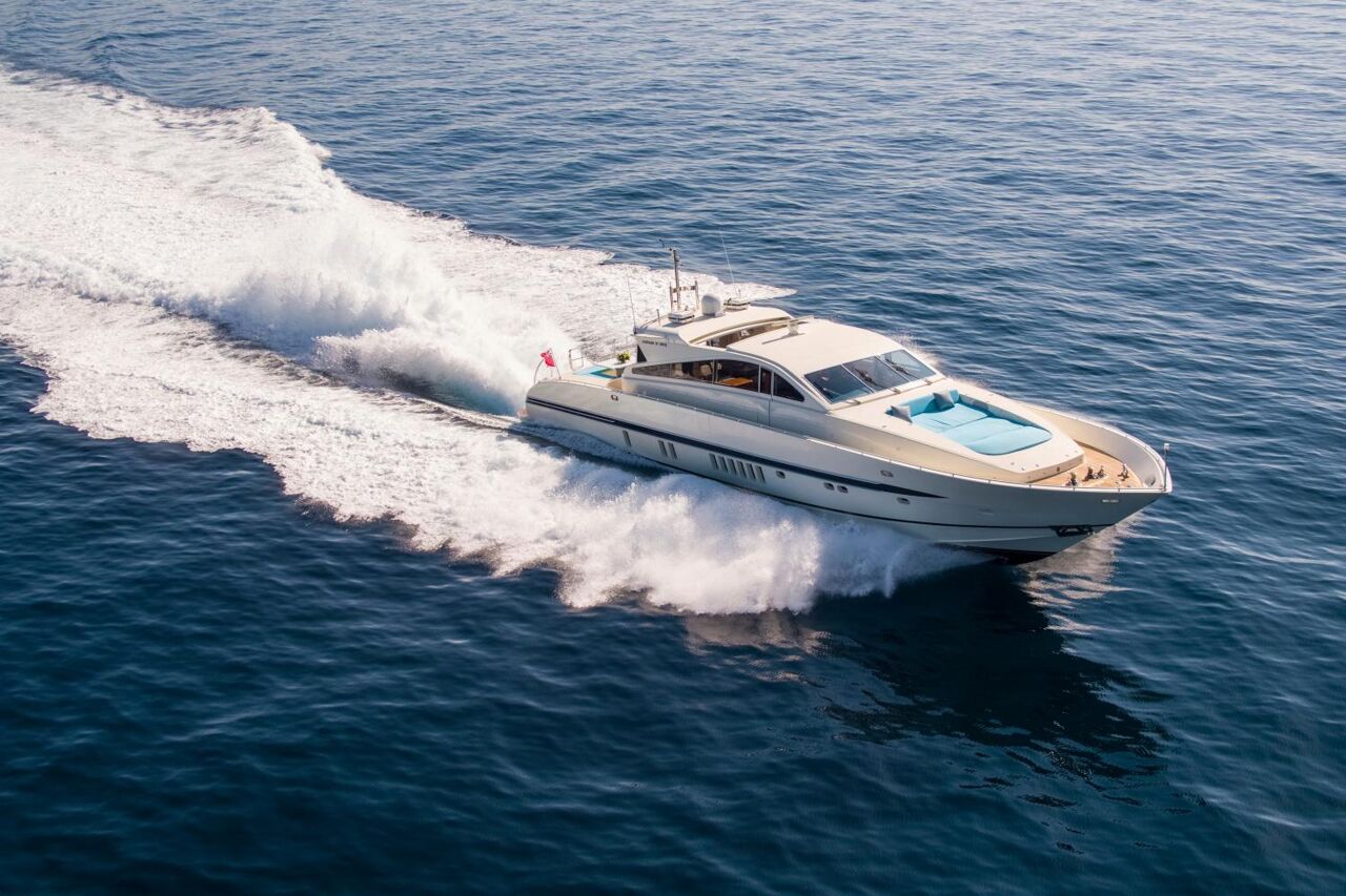 Aerial view of Cita yacht on charter in Ibiza with Bluemoon