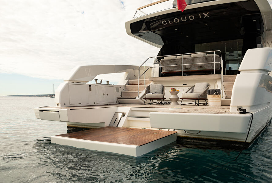 Cloud IX's Hydraulic aft platform descended into the water and the lounging area