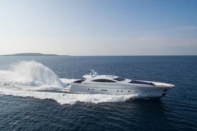 Starboard of motor yacht Kambos Blue in Mykonos
