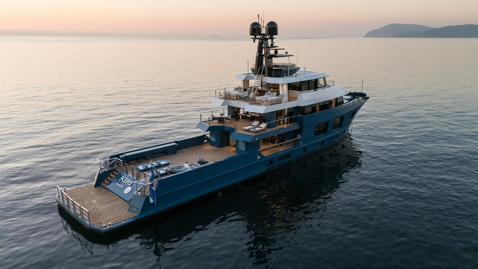 Aft view of King Benji motor yacht on charter with Bluemoon