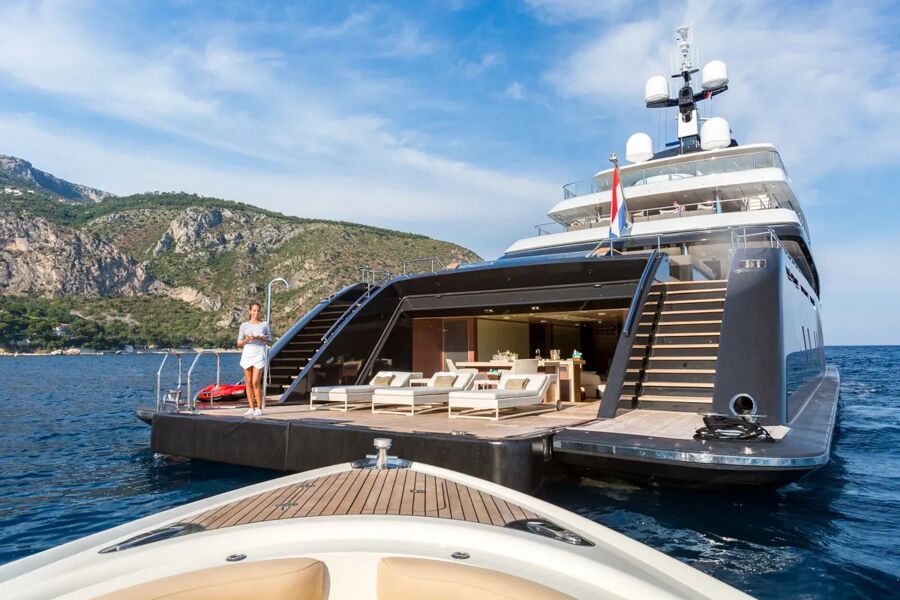 Stern beach club of super yacht Loon laid out on a charter with Bluemoon