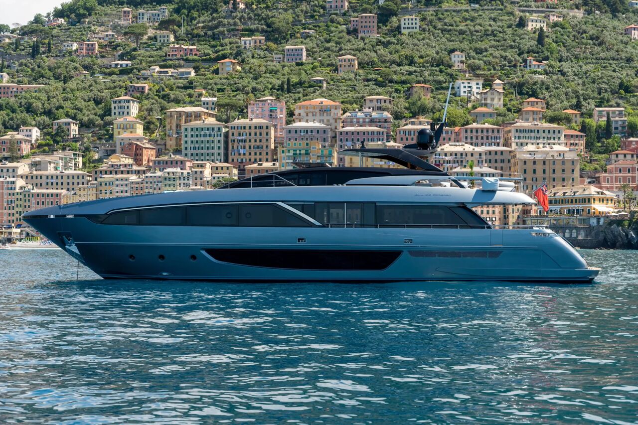 Port side of Maximum motor yacht on charter with Bluemoon