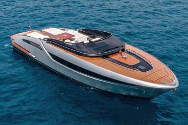 Bow view of RIva Dolceriva 48 charter boat at anchorage in St Tropez