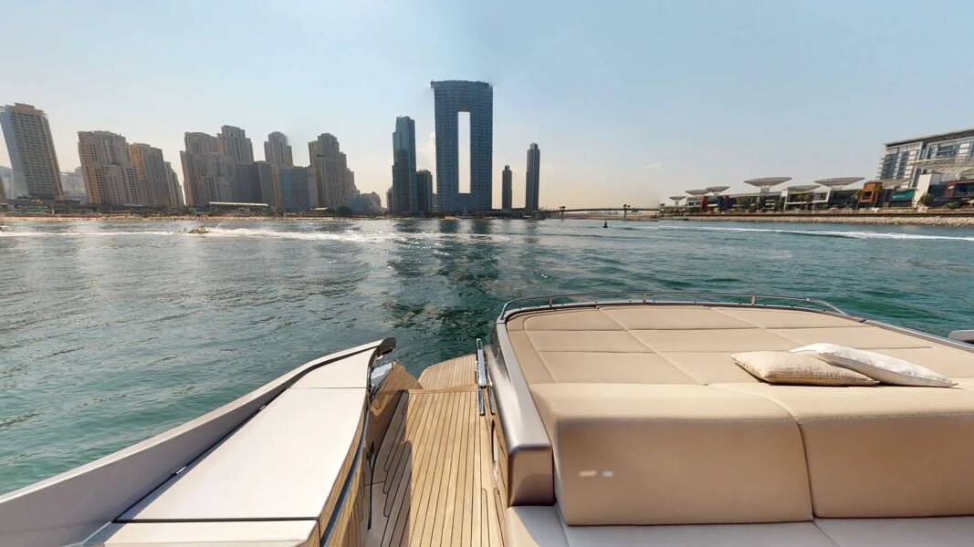 Relaxed seating and lounging area on the stern of Predator Pershing 8X in Dubai with Bluemoon