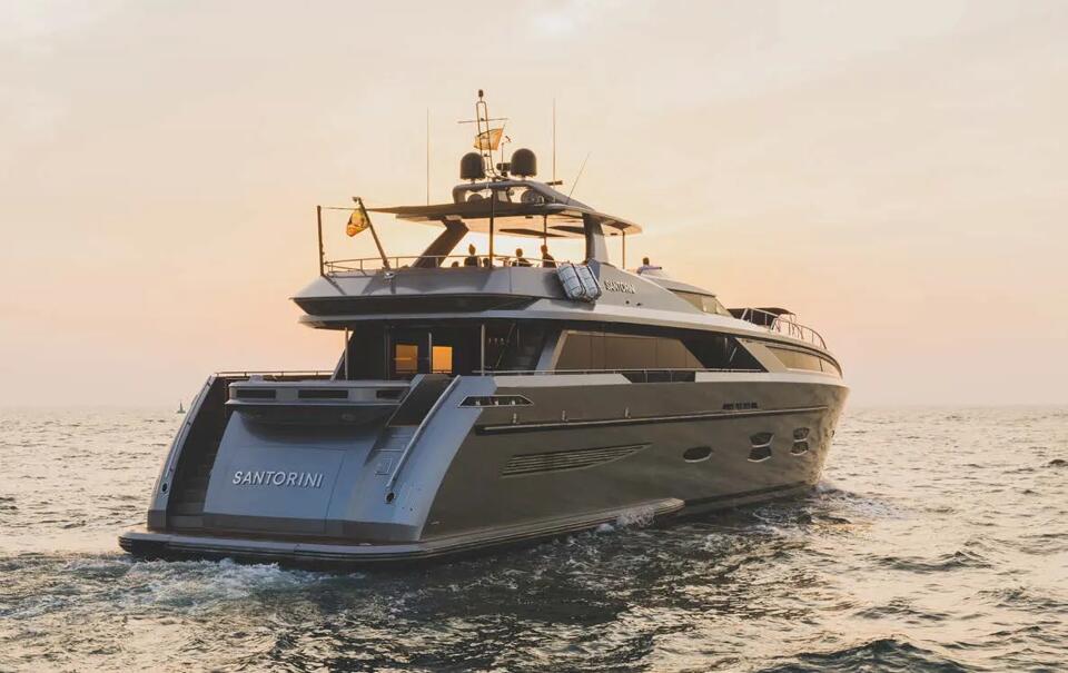 Starboard aft of Santorini yacht on charter with Bluemoon